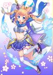  animal_ear_fluff animal_ears arm_up armor armpits bell blonde_hair blue_eyes blue_scarf blue_skirt breastplate commentary_request detached_sleeves fang fox_ears fox_tail hair_ornament hairclip haruyuki_14 jingle_bell jumping kemomimi_oukoku_kokuei_housou legs_up long_hair midriff mikoko_(kemomimi_oukoku_kokuei_housou) navel open_mouth ribbon sandals scarf skirt solo sword tail thighhighs twintails weapon white_legwear 
