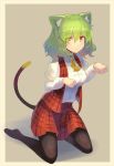  alternate_eye_color animal_ears ascot beige_background beige_border black_legwear blush breasts cat_ears cat_tail commentary_request eyebrows_visible_through_hair eyes_visible_through_hair full_body green_hair hair_between_eyes highres juliet_sleeves kazami_yuuka kemonomimi_mode kneeling long_sleeves looking_at_viewer medium_breasts no_shoes orange_eyes pantyhose paw_pose plaid plaid_skirt plaid_vest puffy_sleeves red_skirt red_vest rin_falcon shadow shirt short_hair simple_background sitting skirt solo tail touhou vest white_shirt wing_collar yellow_neckwear 