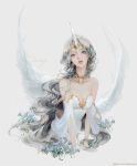  bare_shoulders breasts cleavage crop_top dadachyo dress earrings eyebrows_visible_through_hair horns jewelry long_hair looking_at_viewer medium_breasts original silver_eyes silver_hair solo very_long_hair wavy_hair white_dress wings 