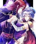  1girl breasts cape cleavage couple dress earrings elbow_gloves fire_emblem fire_emblem:_seisen_no_keifu fire_emblem_heroes gloves hetero ishtar_(fire_emblem) jewelry long_hair looking_at_viewer okii ponytail purple_eyes red_eyes red_hair side_ponytail silver_hair smile yurius_(fire_emblem) 