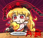  american_flag blonde_hair blush_stickers chinese_clothes commentary_request dated eating eclipse emphasis_lines fork hat junko_(touhou) long_hair lowres lunar_eclipse moon plate pote_(ptkan) pun red_eyes solo touhou 