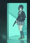  absurdres akagawa007 black_hair blazer blue_eyes glock gun hand_in_pocket handgun highres holding holding_gun holding_weapon jacket loafers necktie original pleated_skirt school_uniform shoes short_hair skirt solo suppressor trigger_discipline weapon 