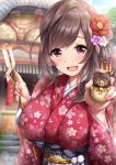  1girl bangs blush breasts brown_hair floral_print flower garana hair_flower hair_ornament highres idolmaster idolmaster_shiny_colors japanese_clothes kimono large_breasts long_hair long_sleeves looking_at_viewer obi open_mouth pink_eyes red_kimono sash smile solo swept_bangs tsukioka_kogane wide_sleeves 