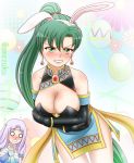  amezuku animal_ears blood blush breasts bunny_ears cleavage commentary covering dress easter easter_egg egg elbow_gloves fingerless_gloves fire_emblem fire_emblem:_rekka_no_ken fire_emblem_heroes florina gloves green_eyes green_hair highres large_breasts long_hair lyndis_(fire_emblem) multiple_girls nosebleed open_mouth pegasus_knight ponytail purple_hair tears 