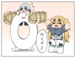  belt blonde_hair blue_shirt blush bokota_(bokobokota) breasts chibi closed_eyes comic commentary_request enemy_lifebuoy_(kantai_collection) eyebrows_visible_through_hair gambier_bay_(kantai_collection) gradient gradient_background hair_between_eyes hand_up headband hibiki_(kantai_collection) highres kantai_collection large_breasts long_hair multiple_girls open_mouth pantyhose pink_background sailor_collar school_uniform serafuku shinkaisei-kan shirt shorts silver_hair smile translated twintails white_background white_legwear white_shirt 