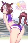  3: animal_ears ass blush breasts brown_hair copyright_name gym horse_ears horse_girl large_breasts looking_back purple_eyes solo special_week sports_bra sportswear tail tanuki_yousuke track_and_field track_uniform umamusume 