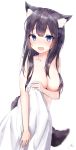 absurdres animal_ears bangs black_hair blue_eyes blurry blush breasts cleavage commentary_request covering covering_breasts depth_of_field embarrassed eyebrows_visible_through_hair fang hair_censor highres large_breasts long_hair looking_at_viewer mayogii naked_towel nose_blush open_mouth original signature simple_background solo standing tail towel white_background white_towel 