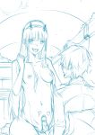  1boy 1girl assertive breasts clothed_male_nude_female collarbone couple darling_in_the_franxx erection eyebrows_visible_through_hair fkscrashing fringe hair_ornament hair_over_breasts hairband hand_on_another&#039;s_shoulder hand_up hetero hiro_(darling_in_the_franxx) horns large_breasts long_hair looking_at_another military military_uniform monochrome navel nipples nude oni_horns penis saliva saliva_trail short_hair sitting sitting_on_person straddling tongue tongue_out uniform upright_straddle zero_two_(darling_in_the_franxx) 