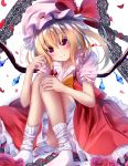  blonde_hair commentary_request dress flandre_scarlet highres looking_at_viewer red_dress red_eyes short_hair sitting_on_floor smile suisen-21 touhou white_legwear wings 