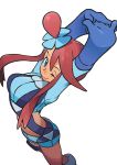  ;) arms_up bangs blue_eyes blue_gloves blue_shirt blue_shorts breasts closed_mouth crop_top elbow_gloves feet_out_of_frame from_above fuuro_(pokemon) gloves gym_leader hair_between_eyes hair_bun hair_ornament hands_together holster ishikawa_hideki large_breasts long_hair long_sleeves looking_at_viewer navel official_art one_eye_closed pokemon pokemon_(game) pokemon_bw red_hair shirt short_hair_with_long_locks shorts sidelocks simple_background smile solo stomach stretch suspenders thigh_holster thigh_strap white_background 