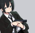  akagawa007 black_hair blue_eyes formal glock gun handgun holding holding_gun holding_weapon original reverse_trap short_hair simple_background solo suit weapon 