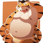  2016 96k-k abstract_background barazoku blush clothing feline hand_behind_head jockstrap kemono male mammal muscular obese overweight simple_background solo standing tiger underwear 