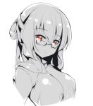  breasts fuuna glasses greyscale looking_at_viewer monochrome original red_eyes sketch smile solo spot_color 