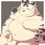  2016 96k-k albino anthro band-aid bandage barazoku blush erection feline kemono male mammal masturbation nude obese one_eye_closed overweight overweight_male penile_masturbation penis precum simple_background sitting solo tiger 