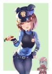  :d animal animal_ears belt belt_buckle black_belt black_hat black_pants blue_shirt blush brown_hair buckle bullpup bunny bunny_ears carrot commentary_request cosplay costume_switch ears_down food fur-trimmed_gloves fur_trim gloves green_background gun hand_on_hip hat head_tilt holding holding_food holding_gun holding_vegetable holding_weapon judy_hopps judy_hopps_(cosplay) llenn_(sao) llenn_(sao)_(cosplay) long_sleeves looking_at_viewer open_mouth p-chan_(p-90) p90 pants peaked_cap pink_gloves pink_hat police police_badge police_uniform policewoman purple_eyes red_eyes shirt smile submachine_gun sword_art_online sword_art_online_alternative:_gun_gale_online twitter_username two-tone_background uniform weapon white_background xephonia zootopia 