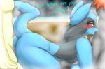  2019 ambiguous_gender anthro blue_fur blush breasts canid canine female female/ambiguous fur looking_back mammal milkteafox nintendo nipples nude pok&eacute;mon pok&eacute;mon_(species) pussy red_eyes riolu side_view video_games 