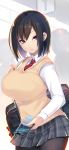  absurdres black_hair bob_cut breasts cellphone commentary_request highres large_breasts looking_at_viewer necktie original phone pleated_skirt purple_eyes school_uniform shiki_(psychedelic_g2) short_hair skirt smartphone solo thighhighs 
