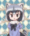  animal_ears argyle argyle_background arms_behind_back bangs black_bow black_hair black_neckwear black_skirt bow bowtie breasts brown_eyes chocolate common_raccoon_(kemono_friends) eyebrows eyebrows_visible_through_hair fang food food_on_face fur_collar furrowed_eyebrows grey_hair hair_between_eyes kemono_friends kolshica looking_at_viewer miniskirt multicolored_hair open_mouth pleated_skirt polka_dot polka_dot_background purple_shirt raccoon_ears raccoon_tail shirt short_hair skirt small_breasts solo striped_tail tail white_hair 