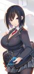  absurdres black_hair blazer bob_cut breasts cellphone commentary_request highres jacket large_breasts looking_at_viewer necktie original phone pleated_skirt purple_eyes school_uniform shiki_(psychedelic_g2) short_hair skirt smartphone solo thighhighs 