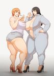  2girls areola_slip areolae ass black_hair breasts curvy donaught fellatio_gesture full_body high_heels hips huge_breasts lip_biting long_hair looking_at_viewer multiple_girls nami_(one_piece) nico_robin one_piece orange_hair plump sexually_suggestive shiny_skin short_hair standing thick_thighs tongue tongue_out white_background wide_hips 