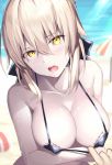  alternate_breast_size artoria_pendragon_(all) artoria_pendragon_(swimsuit_rider_alter) bangs bare_arms bare_shoulders beach beach_umbrella bikini bikini_pull black_bikini black_ribbon blonde_hair blurry blurry_background blush braid breasts collarbone covered_nipples crossed_arms day depth_of_field eyebrows eyebrows_visible_through_hair eyelashes eyes_visible_through_hair fate/grand_order fate_(series) french_braid hair_between_eyes hair_ribbon head_tilt highres lips looking_at_viewer micro_bikini multicolored_umbrella ocean open_mouth pale_skin pink_lips planted_umbrella pulled_by_another red_umbrella ribbon rin_yuu saber_alter sand short_hair sidelocks signature single_braid solo_focus striped_umbrella sunlight sweat swimsuit teeth tongue umbrella upper_body water wet white_umbrella yellow_eyes 