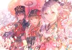  2girls :d androgynous black_hair blonde_hair bow cherry_blossoms dango fate/grand_order fate_(series) flower food hair_bow hair_flower hair_ornament hat holding holding_food japanese_clothes kimono long_hair looking_at_viewer multiple_girls oda_nobukatsu_(fate/grand_order) oda_nobunaga_(fate) okita_souji_(fate) okita_souji_(fate)_(all) open_mouth oriental_umbrella pink print_kimono red_eyes rioka_(southern_blue_sky) short_hair smile umbrella upper_body wagashi yellow_eyes 
