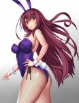  animal_ears ass bare_shoulders breasts bunny_ears bunny_girl bunny_tail bunnysuit cleavage covered_navel covered_nipples fake_animal_ears fate/grand_order fate_(series) fishnets highres leotard long_hair looking_at_viewer purple_hair red_eyes scathach_(fate)_(all) scathach_(fate/grand_order) strapless strapless_leotard tail takanashi-a white_background wrist_cuffs 
