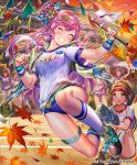  :o autumn_leaves breasts brown_eyes brown_footwear brown_hair building buruma clenched_hand confetti day esphy flag hair_bun hair_ornament hairband headband holding holding_flag jumping kneehighs legband long_hair medium_breasts medium_hair multiple_girls official_art orange_sky outdoors pink_hair ponytail red_headband sengoku_saga short_hair sitting sky string_of_flags track_and_field white_hairband white_legwear 