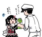  1boy 1girl :d admiral_(kantai_collection) black_hair blush commentary from_behind hat kantai_collection looking_at_another lowres open_mouth peaked_cap remodel_(kantai_collection) scarf sendai_(kantai_collection) side_ponytail simple_background sleeves_rolled_up smile solid_oval_eyes terrajin translated white_background 