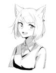  animal_ears deel_(rkeg) ear_piercing fang fox_ears greyscale highres looking_at_viewer monochrome open_mouth original piercing short_hair smile solo 