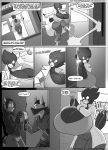  2015 anthro avian big_breasts bird breasts busty_bird canine cellphone cleavage clothed clothing comic corvid crow dialogue english_text female fox fully_clothed greyscale hi_res huge_breasts hyper hyper_breasts jaeh kangaroo male mammal marsupial monochrome nipple_bulge non-mammal_breasts phone text 