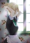  adjusting_hair apron arms_up black_ribbon blonde_hair closed_eyes commentary_request frilled_apron frills from_side green_neckwear hair_bun hazuki_natsu indoors maid neck_ribbon original ribbon short_sleeves solo waist_apron wallpaper_(object) white_apron window 