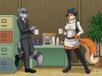  2018 absurd_res alcohol anthro archer_(series) beauty_mark beverage black_nose blue_hair boots breasts brown_eyes canine carmelita_fox clothing coffee cosplay crossover cup duo ear_piercing female flask footwear fox full_body fur furniture grey_fur grey_hair hair heresy_(artist) hi_res high_heels inside jacket lana_kane male mammal mask_(marking) multicolored_fur necktie office orange_fur piercing plant playstation procyonid raccoon ringtail shoes skirt sly_cooper sly_cooper_(series) sterling_archer suit two_tone_fur video_games white_fur 