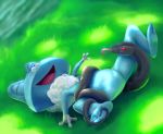 ambiguous_gender c-forge_(artist) coiling featureless_crotch feet foam foot_grab froakie glowing grass hindpaw laugh nintendo paws pok&eacute;mon pok&eacute;mon_(species) red_eyes reptile scalie snake tickling tongue venermus_(character) video_games 