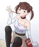  arm_support belt black_legwear bra brown_hair choker clothes_writing collarbone commentary_request double_bun eating food gradient gradient_background hand_up highres holding_pocky idolmaster idolmaster_shiny_colors knee_up loeldrive long_hair looking_at_viewer no_eyewear off-shoulder_shirt pink_bra pocky red_eyes shirt shirt_slip shorts simple_background sitting sleeves_past_wrists solo sonoda_chiyoko thighhighs tied_shirt twintails underwear white_shirt 