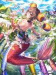  arm_warmers blue_sky breasts brown_eyes brown_hair cloud day full_body interitio koinobori looking_at_viewer looking_back medium_breasts mermaid monster_girl mountain official_art outdoors river short_hair sky tenka_touitsu_chronicle watermark 