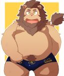  2016 96k-k athetic_underwear barazoku blush boxer_briefs bulge clothing feline kemono kneeling lion male mammal obese overweight solo underwear 