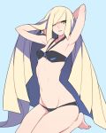  arm_up armpits arms_behind_head ban bangle barefoot bikini black_bikini blonde_hair blue_background bracelet breasts green_eyes groin hair_over_one_eye halterneck highres jewelry kneeling long_hair looking_at_viewer lusamine_(pokemon) mature navel pokemon pokemon_(game) pokemon_sm sidelocks small_breasts solo swimsuit very_long_hair 