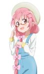  :d bangs beret bespectacled blush bow brown-framed_eyewear comic_girls commentary_request eyebrows_visible_through_hair fang glasses hair_between_eyes hair_bow hair_ornament hairclip hat long_hair long_sleeves looking_at_viewer low_ponytail moeta_kaoruko open_mouth overalls pink_bow pink_hair ponytail red_eyes semi-rimless_eyewear shirt simple_background smile solo trg-_(sain) under-rim_eyewear very_long_hair white_background white_hat white_shirt x_hair_ornament 