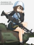 ammunition_belt ankle_boots bangs blue_footwear blue_hat blue_jacket blue_skirt boots brown_eyes brown_hair chin_rest closed_mouth commentary_request emblem eyebrows_visible_through_hair eyebrows_visible_through_hat finnish girls_und_panzer grey_background grey_legwear ground_vehicle gun hand_on_weapon hat highres ichigotofu jacket keizoku_military_uniform kk_62 leaning_to_the_side leopard_2 light_machine_gun light_smile long_hair long_sleeves looking_at_viewer machine_gun mika_(girls_und_panzer) military military_uniform military_vehicle miniskirt motor_vehicle one_eye_closed pleated_skirt raglan_sleeves simple_background sitting skirt socks solo tank track_jacket translated uniform very_long_hair weapon zipper zipper_pull_tab 
