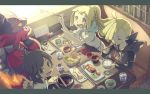  2boys blonde_hair bowl brother_and_sister chopsticks closed_eyes eating food from_above gen_7_pokemon gladio_(pokemon) glass green_eyes hood hood_down incineroar index_finger_raised indoors izakaya letterboxed lillie_(pokemon) long_hair long_sleeves looking_at_viewer looking_up multiple_boys natsuno_hamuto open_mouth pokemon pokemon_(creature) pokemon_(game) pokemon_sm ponytail restaurant shirt short_hair short_sleeves siblings sitting skirt table torn_clothes white_shirt white_skirt you_(pokemon) 