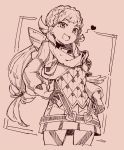  :d bangs braid cropped_legs crown_braid eyebrows eyebrows_visible_through_hair fire_emblem fire_emblem_heroes gloves hair_flaps hand_on_hip heart legs_apart long_hair long_sleeves low-tied_long_hair miniskirt monochrome nazonazo_(nazonazot) open_mouth pink_background pleated_skirt puffy_long_sleeves puffy_sleeves sharena shoulder_pads single_braid skirt smile solo standing 