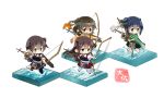  akagi_(kantai_collection) arrow artist_name black_legwear blue_eyes blue_hair blue_hakama bow_(weapon) brown_eyes brown_gloves brown_hair chibi commentary_request faux_figurine flight_deck full_body gloves green_hakama green_kimono hair_between_eyes hair_ribbon hakama hakama_skirt headband hiryuu_(kantai_collection) holding holding_bow_(weapon) holding_weapon isometric japanese_clothes kaga_(kantai_collection) kantai_collection kimono long_hair multiple_girls muneate one_side_up open_mouth partly_fingerless_gloves pleated_skirt red_hakama remodel_(kantai_collection) ribbon short_hair side_ponytail simple_background skirt souryuu_(kantai_collection) standing standing_on_liquid taisa_(kari) tasuki thighhighs twintails water weapon white_background white_legwear white_ribbon wide_sleeves yellow_kimono yugake yumi_(bow) 