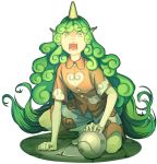  bared_teeth barefoot cloud_print collared_shirt commentary curly_hair eyebrows_visible_through_hair fangs green_eyes green_hair heart highres horn kariyushi_shirt komano_aun long_hair looking_at_viewer mefomefo open_mouth pointy_ears shirt short_sleeves shorts simple_background solo squatting touhou very_long_hair wide-eyed yin_yang 