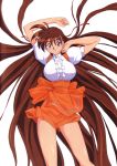  absurdres anna_miller arms_up breasts brown_eyes brown_hair hair_ribbon highres kimura_takahiro large_breasts long_hair long_legs orange_skirt parted_lips puffy_sleeves ribbon scan short_sleeves simple_background skirt solo takeuchi_yuka underbust variable_geo very_long_hair waitress 