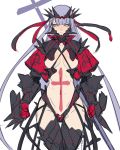  ban bangs black_legwear blunt_bangs breasts closed_mouth cowboy_shot cross eyeshadow fate/grand_order fate_(series) gauntlets groin latin_cross long_hair looking_at_viewer makeup navel purple_hair saint_martha simple_background sketch solo spikes standing tattoo thigh_gap thighhighs toned underboob very_long_hair what_if white_background yellow_eyes 