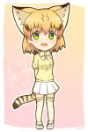  :d adapted_costume animal_ears arms_behind_back blonde_hair bow bowtie cat_ears cat_tail chibi commentary_request cosplay extra_ears fennec_(kemono_friends) fennec_(kemono_friends)_(cosplay) full_body green_eyes highres kemono_friends looking_at_viewer open_mouth outline pink_background pleated_skirt sand_cat_(kemono_friends) shiraha_maru short_hair short_sleeves simple_background skirt smile solo striped_tail tail thighhighs white_outline white_skirt 