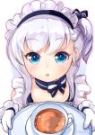  :o azur_lane belchan_(azur_lane) belfast_(azur_lane) black_ribbon blue_bow blue_eyes blush bow braid collarbone commentary_request cup hair_ribbon highres holding holding_tray long_hair looking_at_viewer maid maid_headdress one_side_up parted_lips ribbon saucer sidelocks silver_hair simple_background solo striped striped_bow tea teacup tray tsuzuki_rie twitter_username white_background younger 