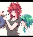  blue_eyes breasts casual cleavage green_hair hair_bobbles hair_ornament hair_scrunchie hairclip hat hat_removed headwear_removed highres humming large_breasts long_hair mappe_(778exceed) medium_hair multiple_girls musical_note onozuka_komachi pink_scrunchie red_eyes red_hair scrunchie shiki_eiki shirt t-shirt touhou two_side_up white_background 