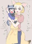  :d alternate_costume animal_ears apron blonde_hair blush bow bowtie carrying child commentary_request common_raccoon_(kemono_friends) denim extra_ears eyebrows_visible_through_hair fang fennec_(kemono_friends) fox_ears fox_tail grey_hair hanao_(ctf870) highres jeans kemono_friends multicolored_hair multiple_girls open_mouth pants puffy_short_sleeves puffy_sleeves raccoon_ears raccoon_tail shirt short_hair short_sleeves smile socks t-shirt tail translated waving yellow_apron 